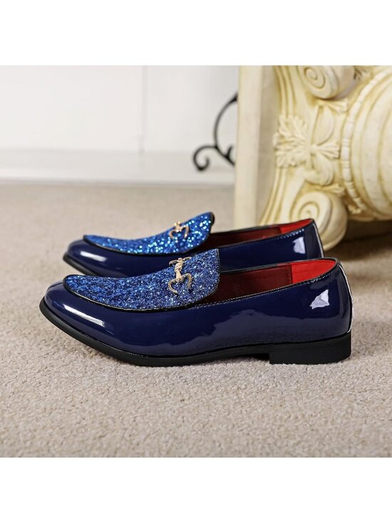 Men\'s Blue Rubber Sole Leather Sparkly Sequins Loafers Gold Buckle Party Shoes main image 7